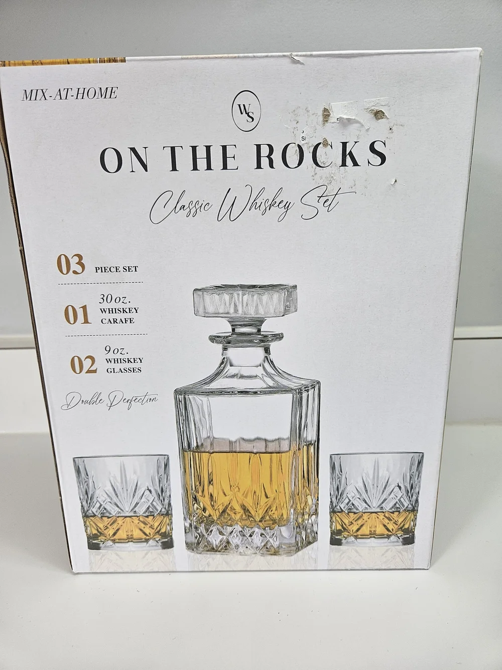 NEW WS Mix at Home On the Rocks Classic Whiskey 3PC Set Carafe Glasses Bar